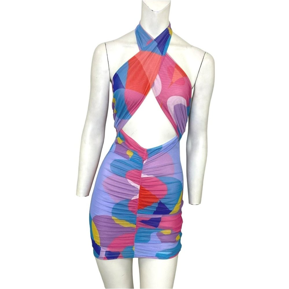 Hot & Delicious Geometric Cutout Halter Ruched Mini Dress Purple Size Large NWT